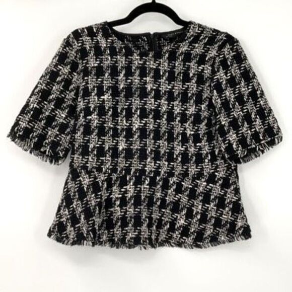 Zara Black White Houndstooth Tweed 3/4 Sleeve Blouse Top Medium - Picture 2 of 9